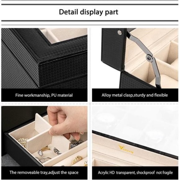 Jewelry Box for Men Women, 2 Layer Large 12 Slot PU Leather Watch Storage, Black - Picture 6 of 7